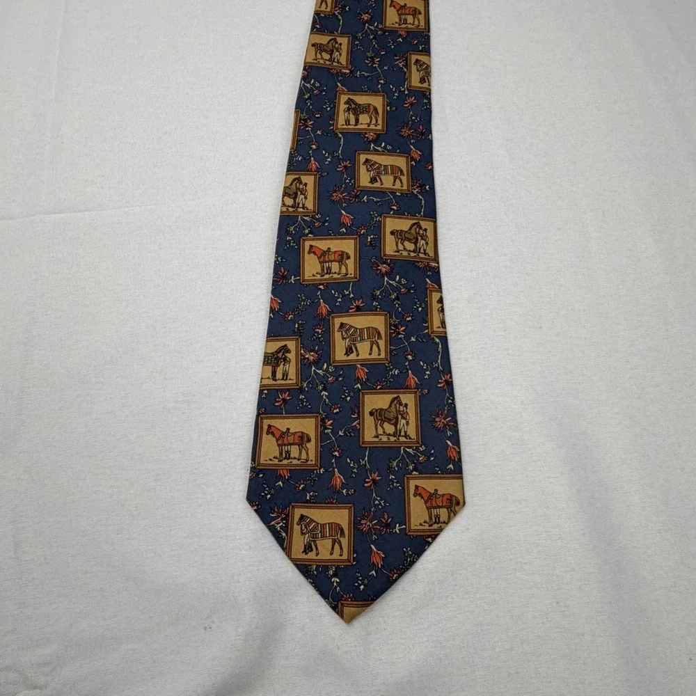 Salvatore Ferragamo Tie Mens OS Blue Silk Equestrian Horse Framed Print Italy